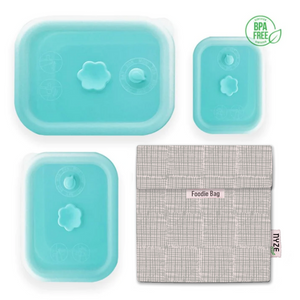 Bundle Set of 4 High-Quality Silicone Collapsible Airtight Food Container 3Pcs Set and 1 Foodie Bag, BPA Free - 4 Color Available with Airtight Silicone Lid | Foodie Bag in 15 designs