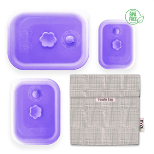 Bundle Set of 4 High-Quality Silicone Collapsible Airtight Food Container 3Pcs Set and 1 Foodie Bag, BPA Free - 4 Color Available with Airtight Silicone Lid | Foodie Bag in 15 designs