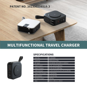 [NYZE] 10000mAh 5 in 1 Multi-Function, Travel Wall Charger, Magnetic Wireless Power Bank with built-in Cable