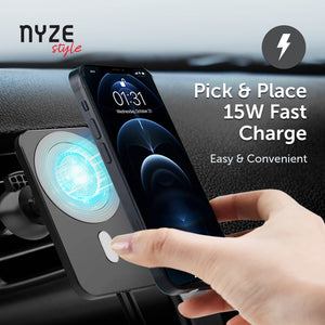 15 Watts Magnetic MagSafe Fast Wireless Car Charger with air vent clip and suction cup arm for iPhone 12 / 13 Series