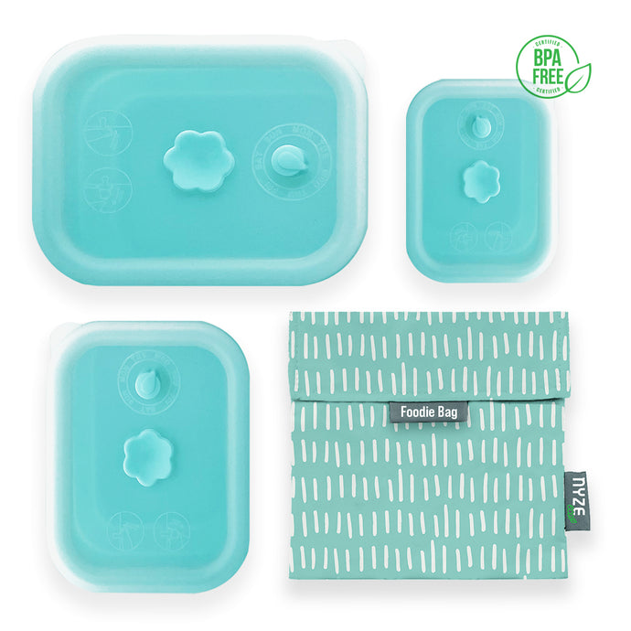 Bundle Set of 4 High-Quality Silicone Collapsible Airtight Food Container 3Pcs Set and 1 Foodie Bag, BPA Free - 4 Color Available with Airtight Silicone Lid | Foodie Bag in 6 designs
