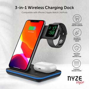 [NYZE] 3-in-1 Wireless Charging Dock Designed for Apple iPhone, Apple Watch and Apple AirPods and Other Qi Wireless Smartphones, Samsung Galaxy Smartphones, Galaxy Buds, TWS